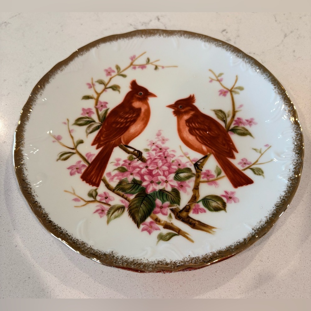 Vintage Norleans Lovely Plate a pair of Red birds/ Pink Flowering branch